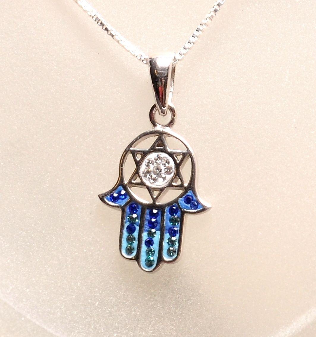 Hamsa Silver Pendant With Blue Gemstones + 925 Sterling Silver Chain #20 - Spring Nahal