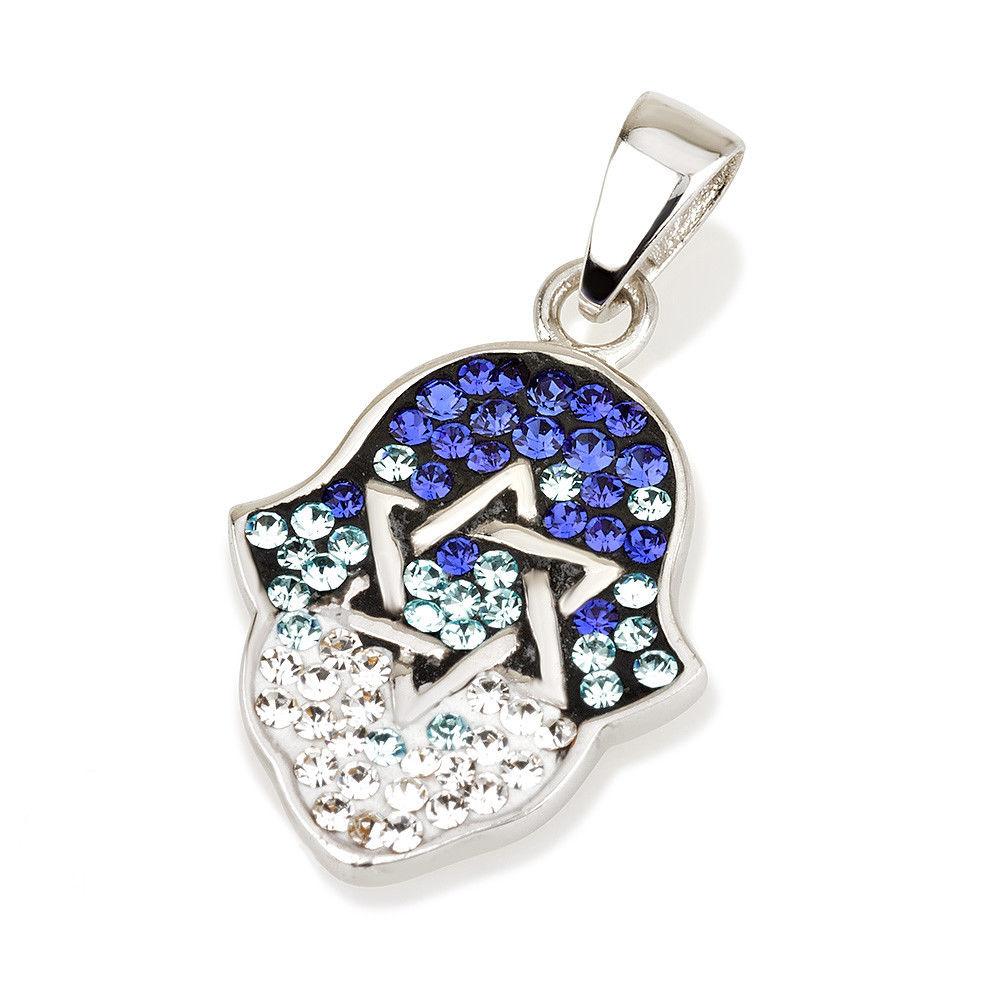 Hamsa Silver Pendant With Blue Gemstones + 925 Sterling Silver Chain #6 - Spring Nahal