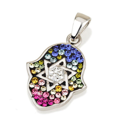Hamsa Silver Pendant With Colorful Gemstones + 925 Sterling Silver Chain #13 - Spring Nahal