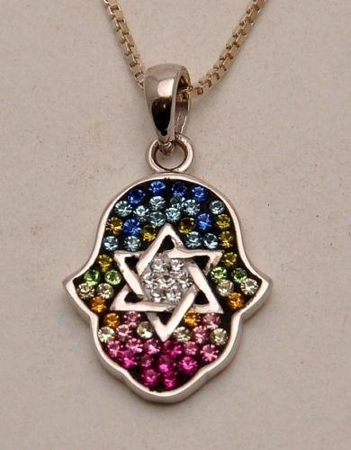 Hamsa Silver Pendant With Colorful Gemstones + 925 Sterling Silver Chain #13 - Spring Nahal