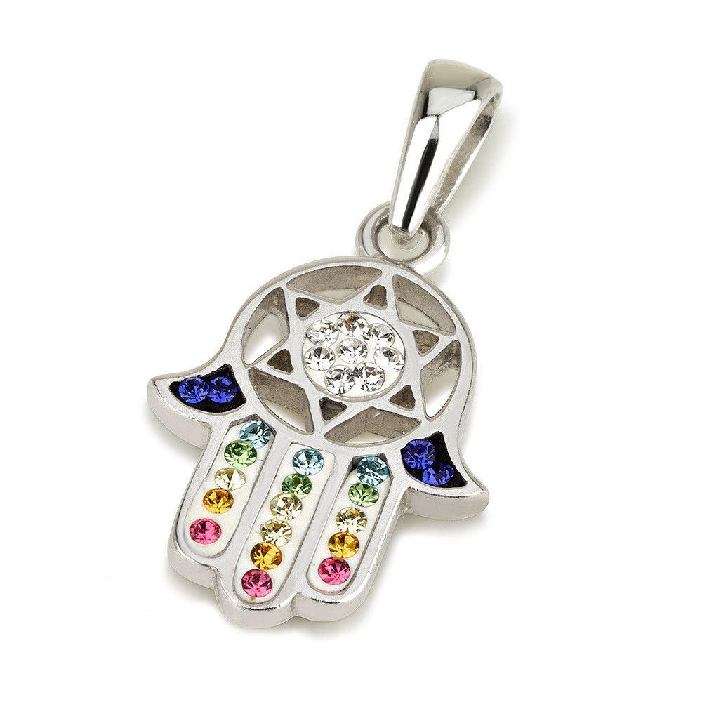 Hamsa Silver Pendant With Colorful Gemstones + 925 Sterling Silver Chain #27 - Spring Nahal
