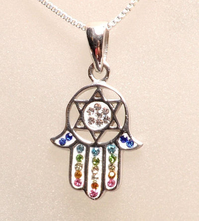 Hamsa Silver Pendant With Colorful Gemstones + 925 Sterling Silver Chain #27 - Spring Nahal