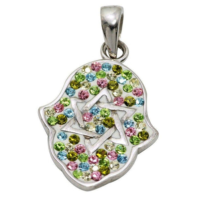 Hamsa Silver Pendant With Green Gemstones + 925 Sterling Silver Chain #8 - Spring Nahal