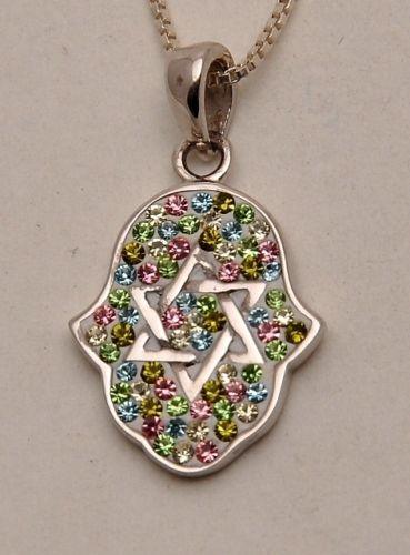 Hamsa Silver Pendant With Green Gemstones + 925 Sterling Silver Chain #8 - Spring Nahal