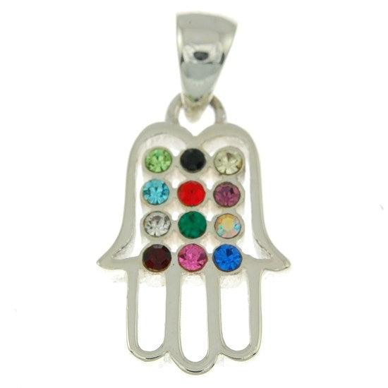 Hamsa Silver Pendant With Hushen Gemstones + 925 Sterling Silver Chain #60 - Spring Nahal