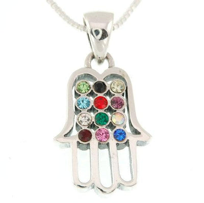 Hamsa Silver Pendant With Hushen Gemstones + 925 Sterling Silver Chain #60 - Spring Nahal