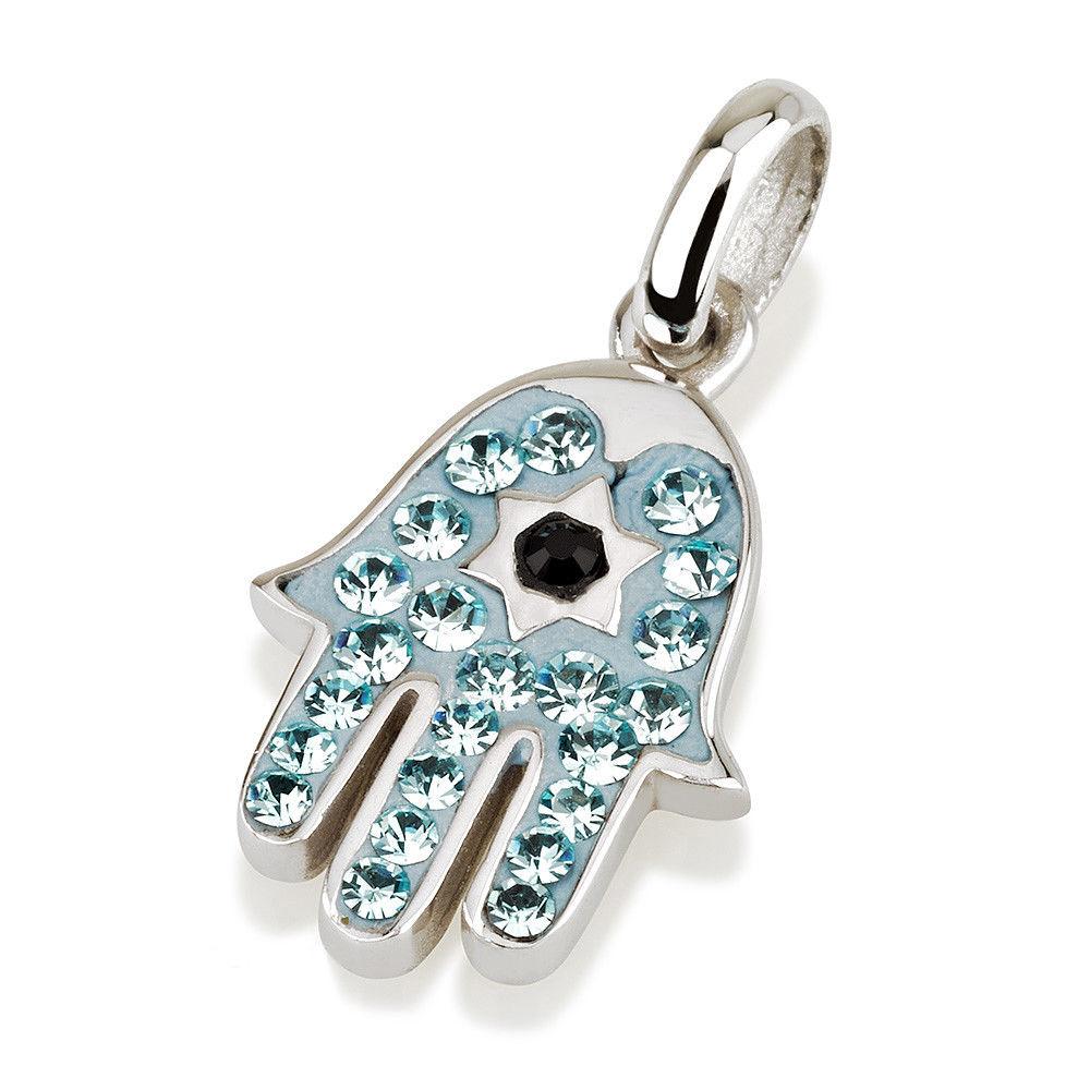 Hamsa Silver Pendant With Light Blue Gemstones + 925 Sterling Silver Chain #3 - Spring Nahal