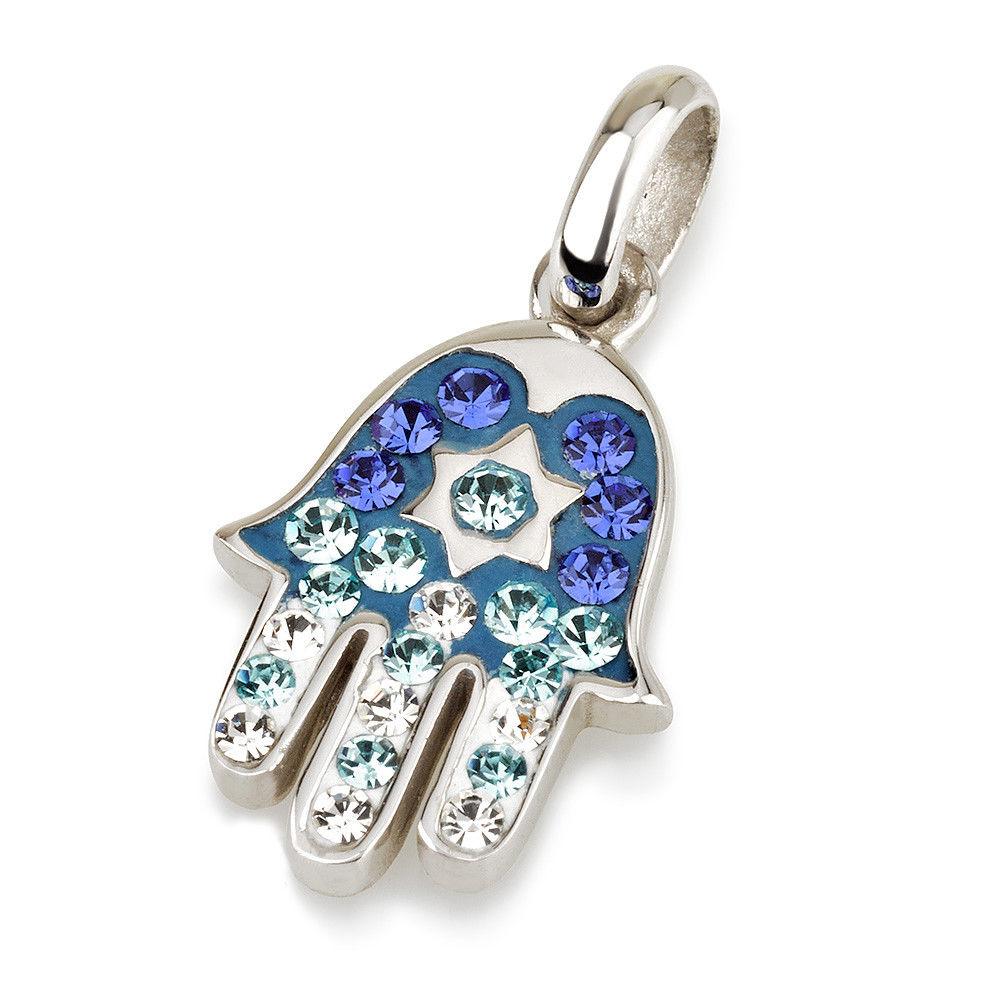 Hamsa Silver Pendant With Multi Blue Gemstones + 925 Sterling Silver Chain #44 - Spring Nahal