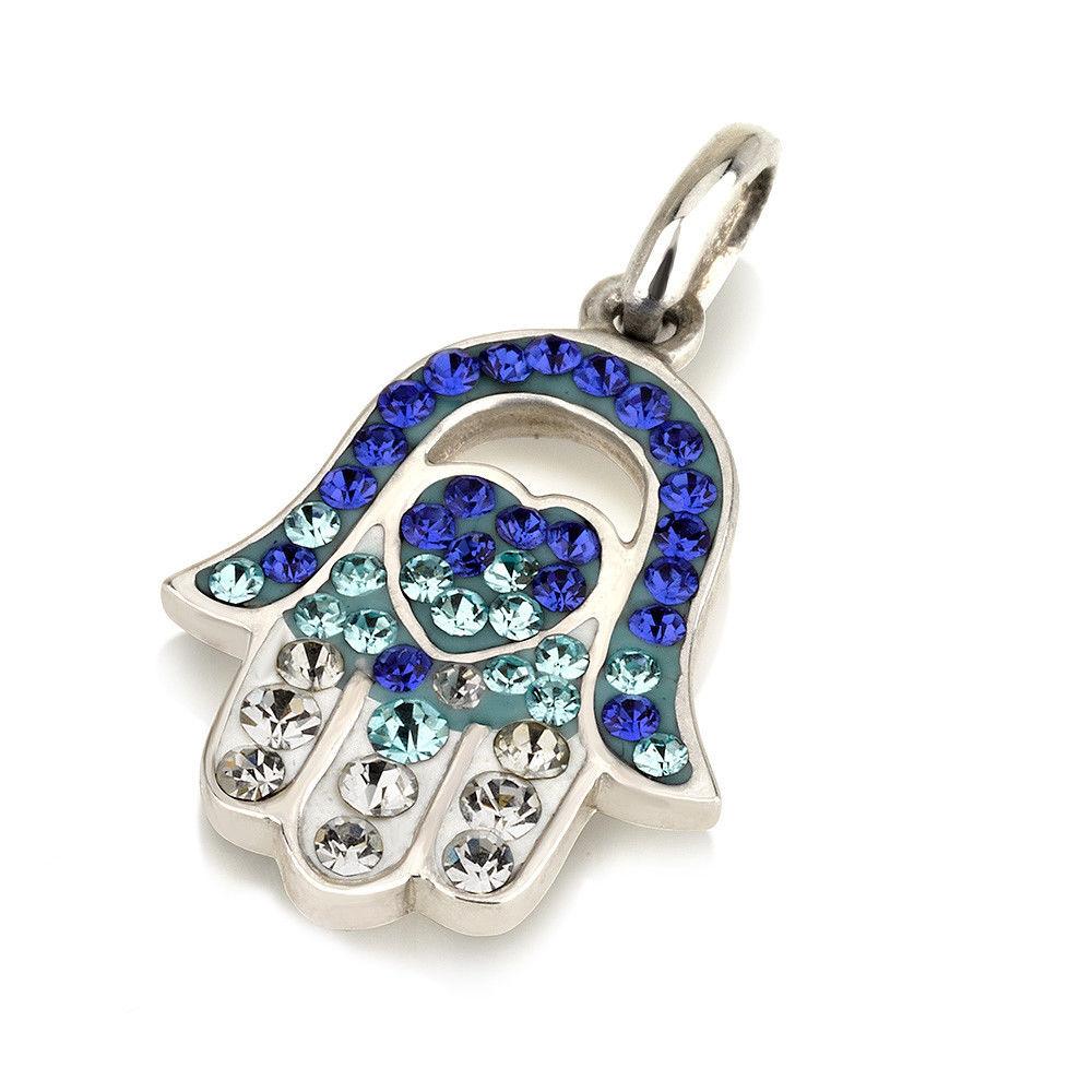 Hamsa Silver Pendant With Multi Blue Gemstones + 925 Sterling Silver Chain #47 - Spring Nahal