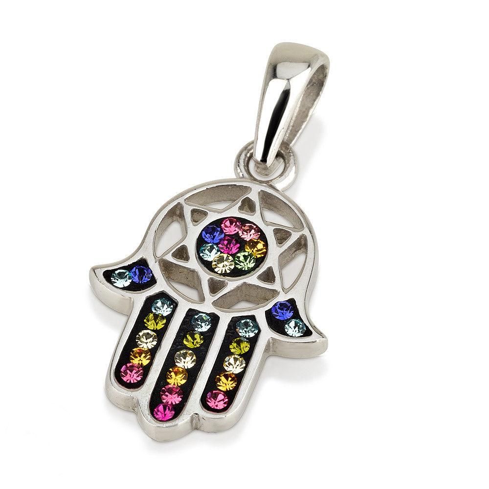 Hamsa Silver Pendant With Multi Color Gemstones + 925 Sterling Silver Chain #20 - Spring Nahal