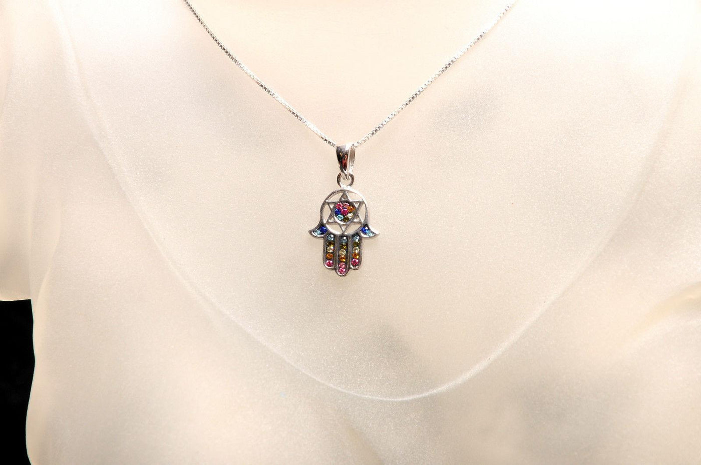 Hamsa Silver Pendant With Multi Color Gemstones + 925 Sterling Silver Chain #20 - Spring Nahal