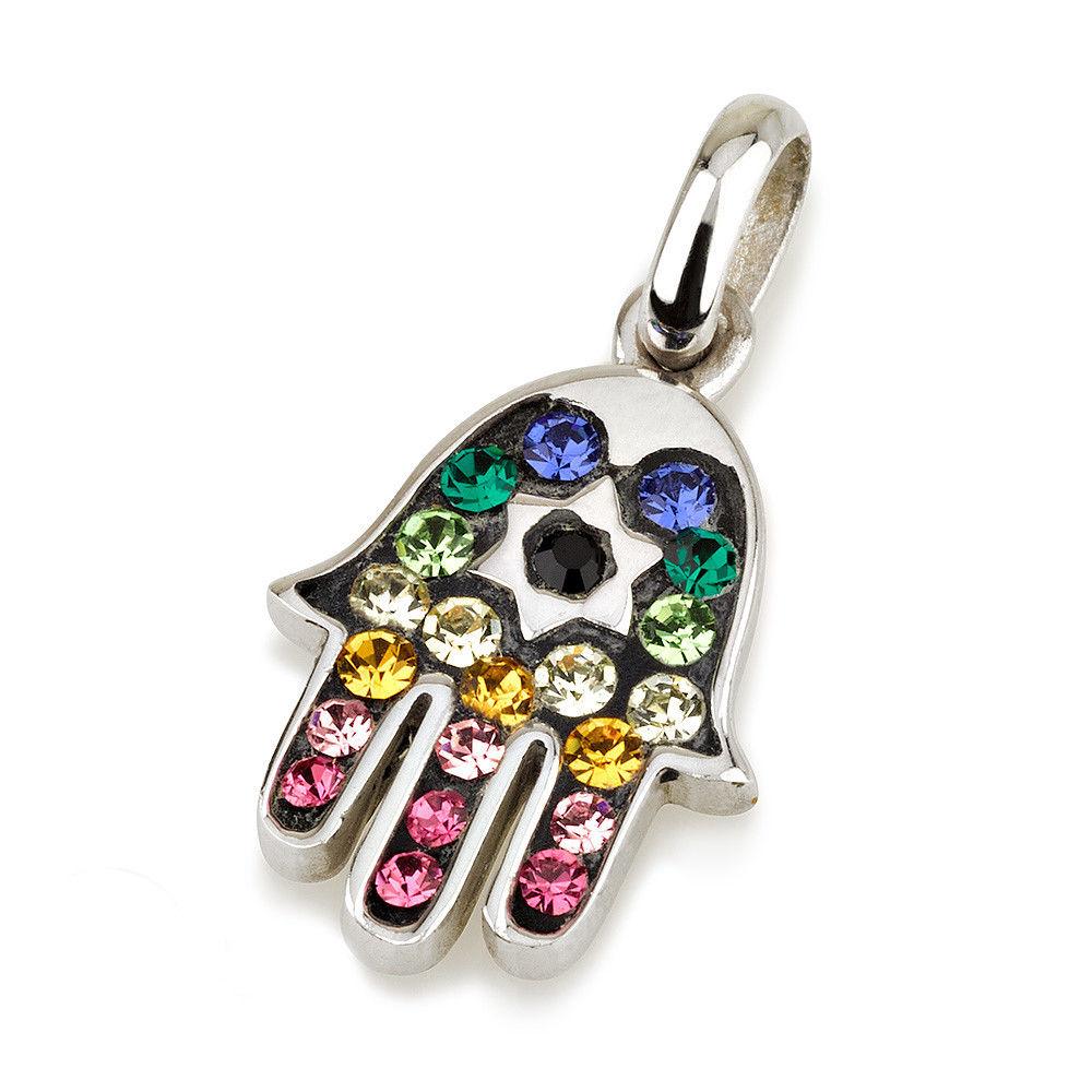 Hamsa Silver Pendant With Multi Colors Gemstones + 925 Sterling Silver Chain #3 - Spring Nahal