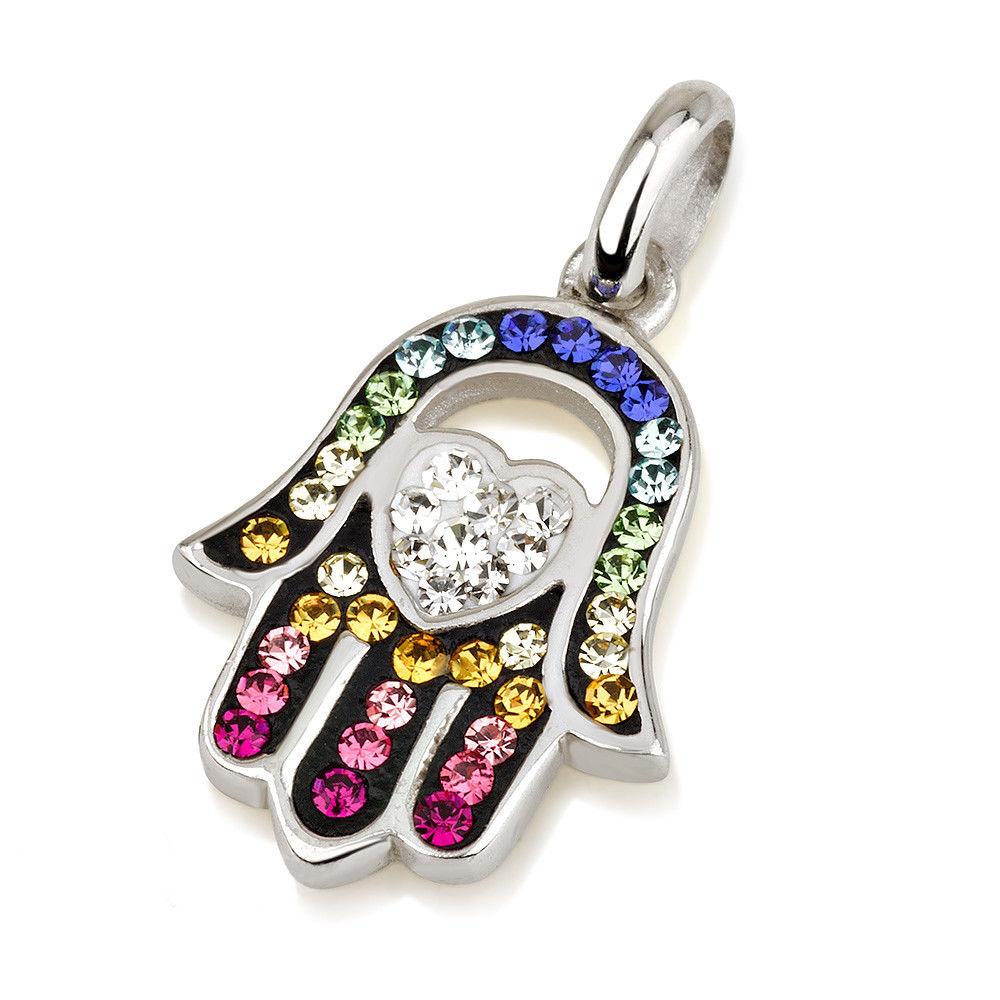 Hamsa Silver Pendant With Multi Colors Gemstones + 925 Sterling Silver Chain #46 - Spring Nahal