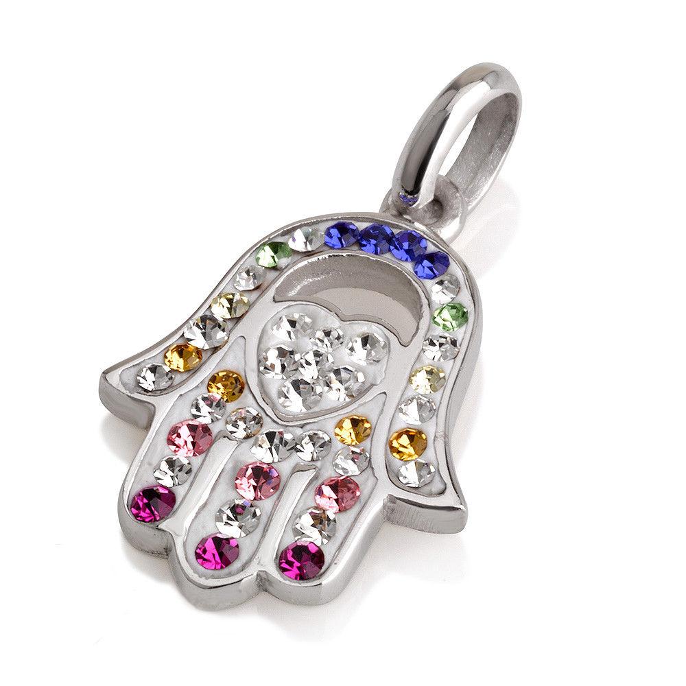Hamsa Silver Pendant With Multi Colors Gemstones + 925 Sterling Silver Chain #48 - Spring Nahal