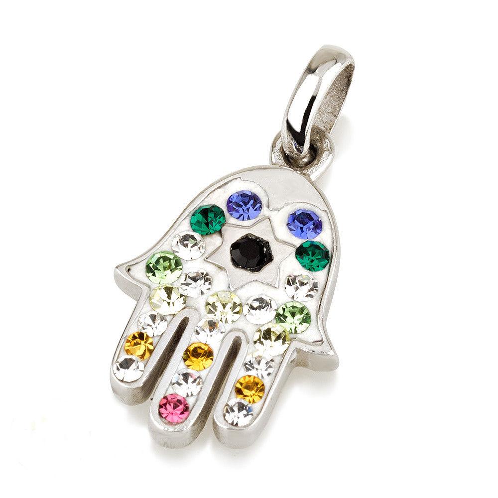 Hamsa Silver Pendant With Multi Colors Gemstones + 925 Sterling Silver Chain #72 - Spring Nahal