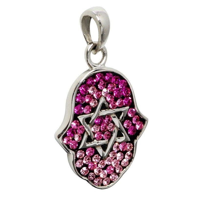 Hamsa Silver Pendant With Pink Gemstones + 925 Sterling Silver Chain #14 - Spring Nahal