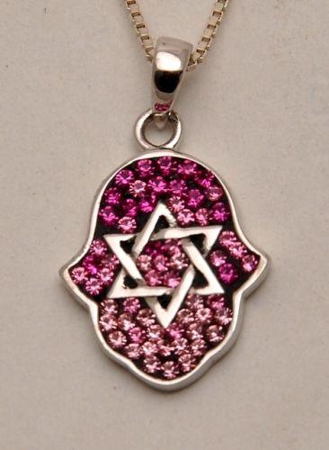 Hamsa Silver Pendant With Pink Gemstones + 925 Sterling Silver Chain #14 - Spring Nahal
