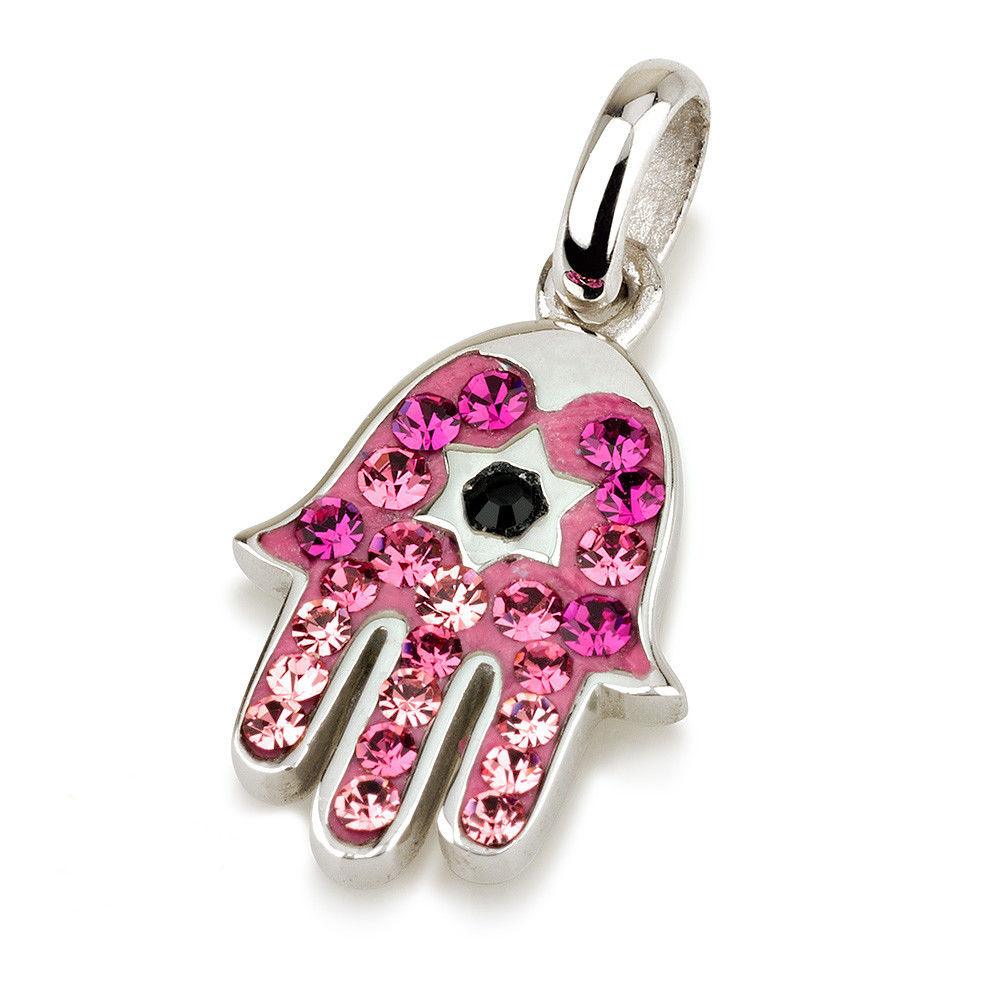 Hamsa Silver Pendant With Pink Gemstones + 925 Sterling Silver Chain #21 - Spring Nahal