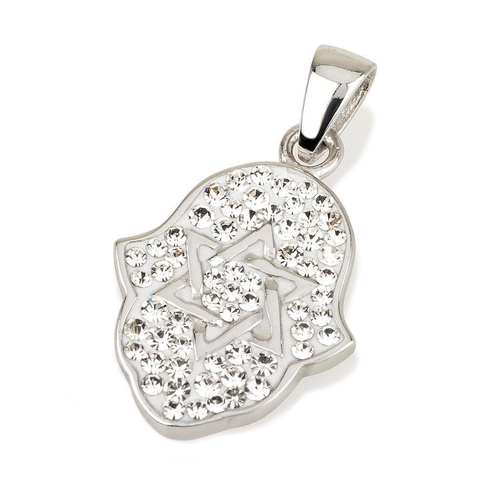 Hamsa Silver Pendant With White Gemstones + 925 Sterling Silver Chain #11 - Spring Nahal