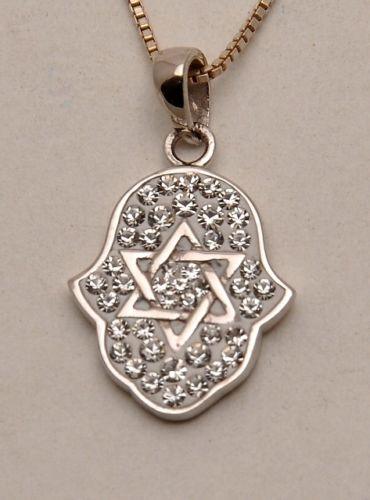 Hamsa Silver Pendant With White Gemstones + 925 Sterling Silver Chain #11 - Spring Nahal