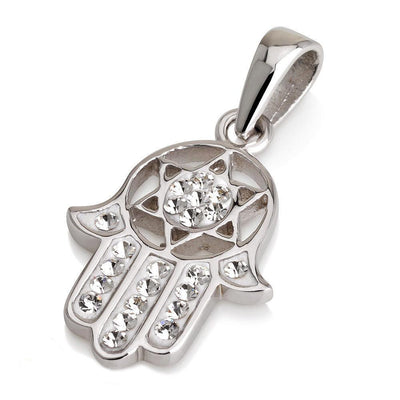Hamsa Silver Pendant With White Gemstones + 925 Sterling Silver Chain #20 - Spring Nahal