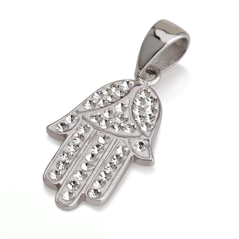 Hamsa Silver Pendant With White Gemstones + 925 Sterling Silver Chain #36 - Spring Nahal