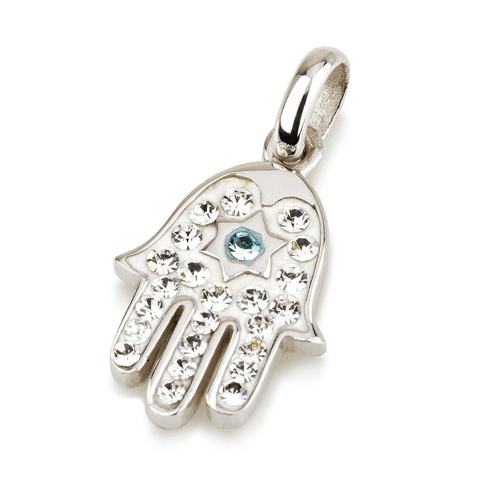 Hamsa Silver Pendant With White Gemstones + 925 Sterling Silver Chain #42 - Spring Nahal