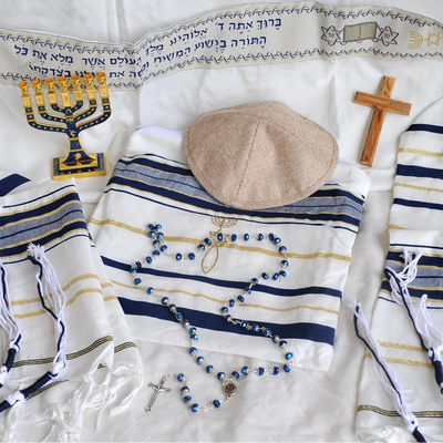 Home Blessing Kit of Messianic Tallit Prayer Shawl with a Holy kippah and a bag, Crystal Rosary, Olive wood Cross and Enamel 12 tribes Jewish menorah From The Holy Land Jerusalem