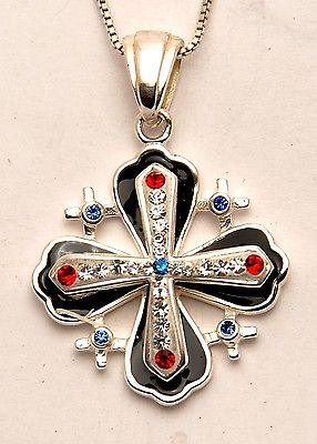 Jerusalem Cross Black Pendant With Swarovski Colors Gemstone Sterling Silver - Spring Nahal