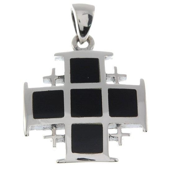 Jerusalem Cross in Black Onyx Silver Pendant + Sterling Silver 925 Neck Chain - Spring Nahal