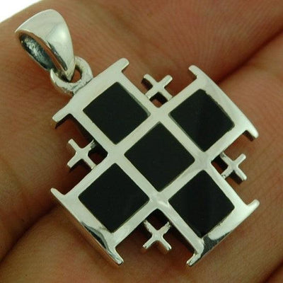 Jerusalem Cross in Black Onyx Silver Pendant + Sterling Silver 925 Neck Chain - Spring Nahal