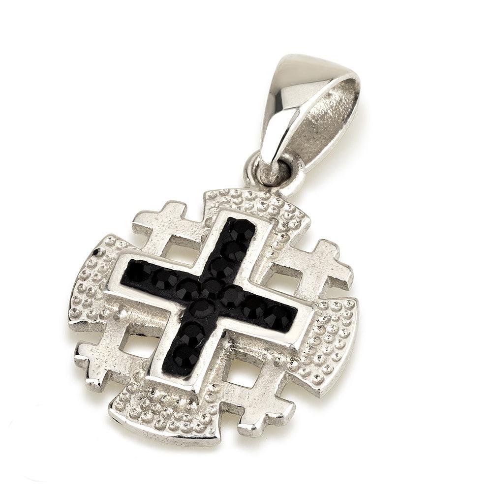 Jerusalem Cross Pendant 925 Sterling Silver With Black Gemstones Colors - Spring Nahal