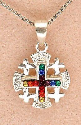 Jerusalem Cross Pendant 925 Sterling Silver With Mixed Gemstone Colors. - Spring Nahal