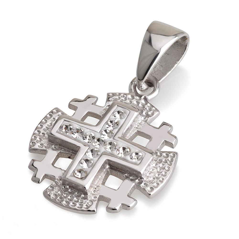 Jerusalem Cross Pendant 925 Sterling Silver With White Gemstones Colors - Spring Nahal