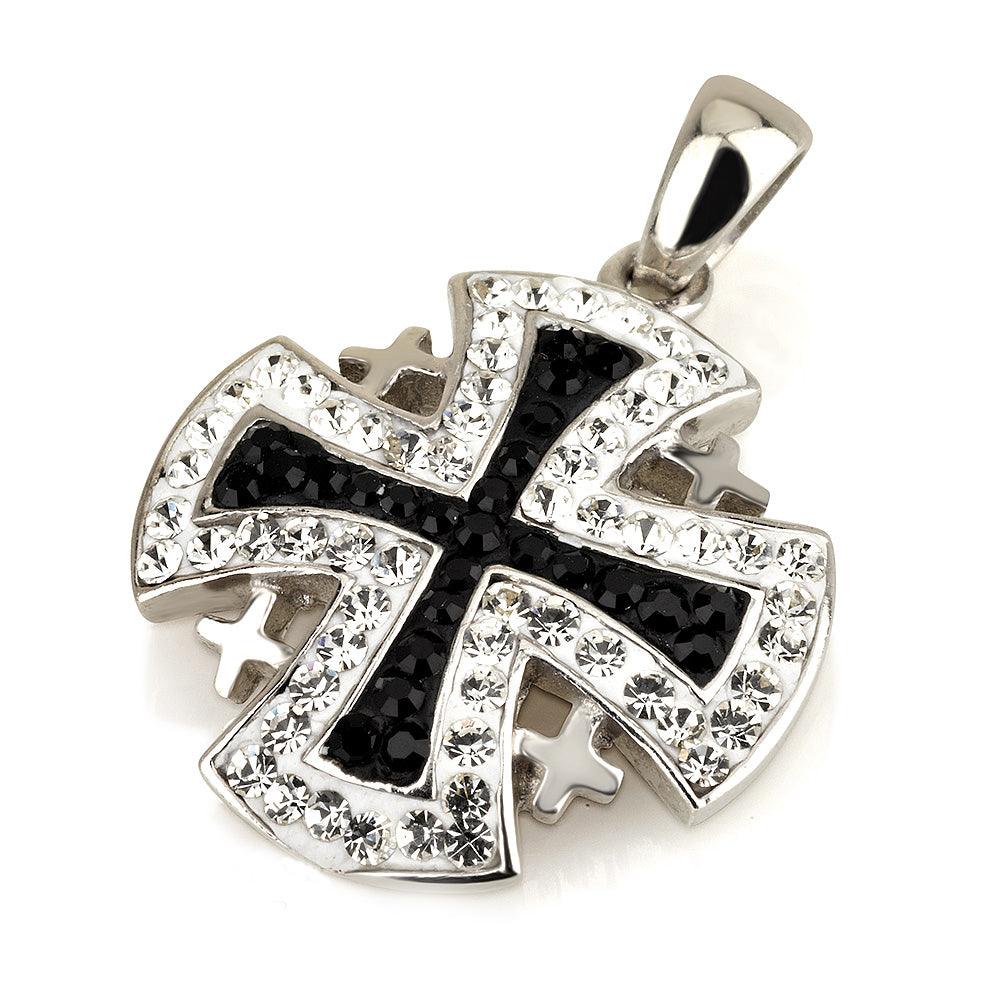 Jerusalem Cross Pendant Black Swarovski Gemstone Sterling Silver 925 - Spring Nahal