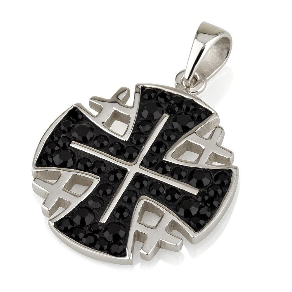 Jerusalem Cross Pendant Black Swarovski Gemstones Sterling Silver 925 - Spring Nahal