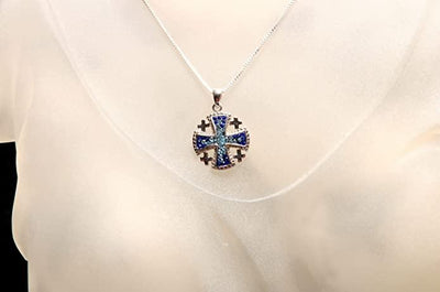 Jerusalem Cross Pendant Blue Gemstone Sterling Silver 925 - Spring Nahal