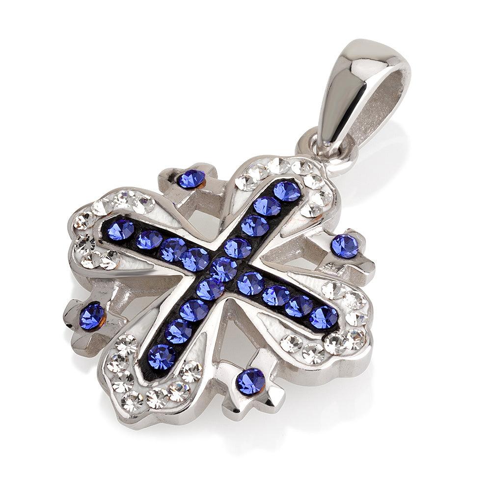 Jerusalem Cross Pendant Blue Gemstones + Sterling Silver 925 chain - Spring Nahal