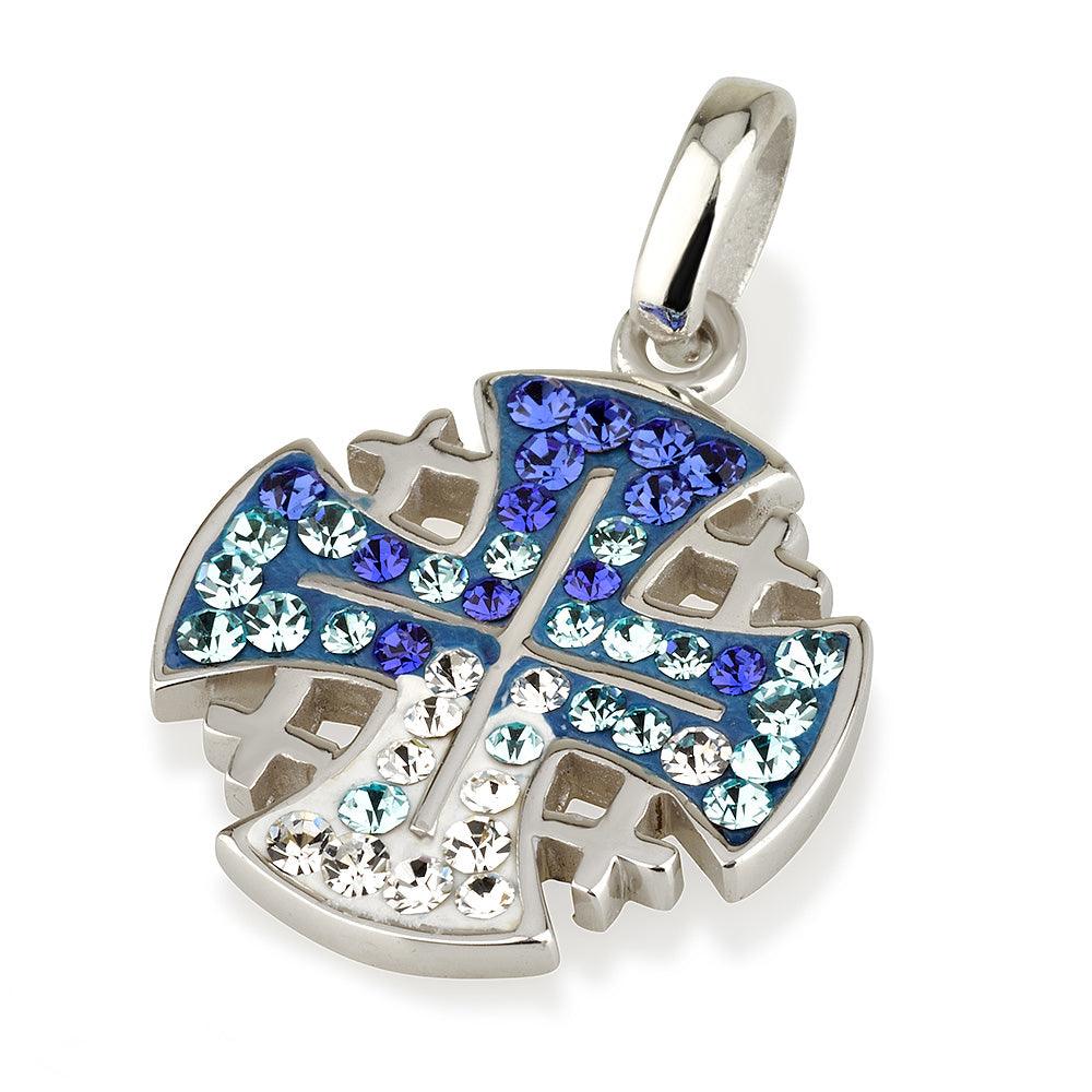 Jerusalem Cross Pendant Blue Swarovski Gemstones Sterling Silver 925 - Spring Nahal