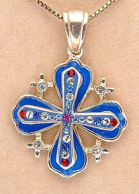 Jerusalem Cross Pendant Mixed colored Blue Gold & Silver W/ Colored Gemstone. - Spring Nahal
