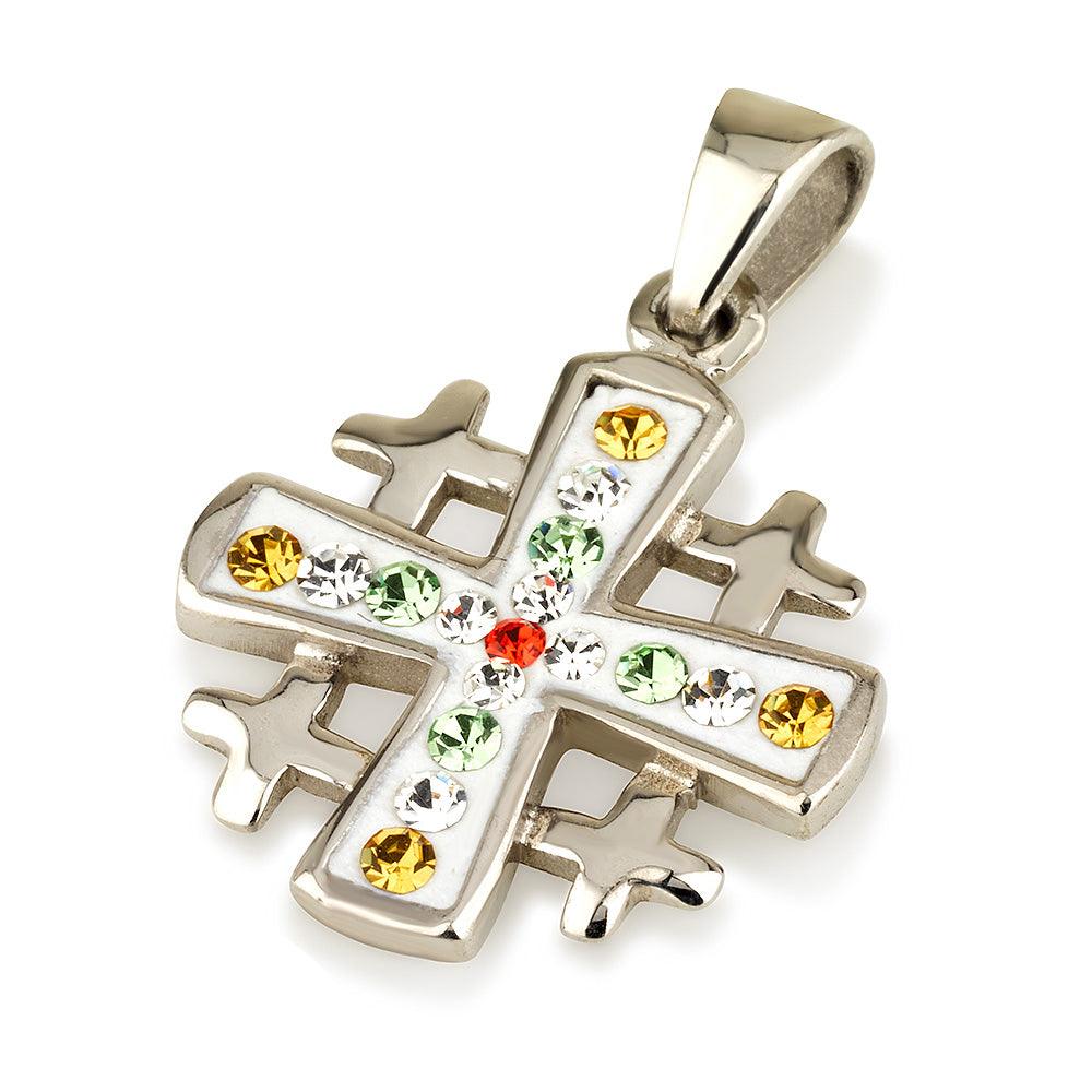 Jerusalem Cross Pendant Sterling Silver 925 With Colored Mix Gemstone. - Spring Nahal