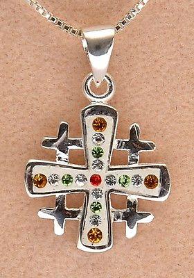 Jerusalem Cross Pendant Sterling Silver 925 With Colored Mix Gemstone. - Spring Nahal