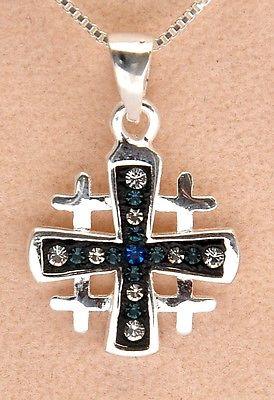Jerusalem Cross Pendant Sterling Silver 925 With Dark Blue Gemstone. - Spring Nahal