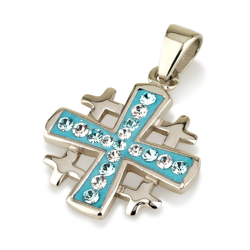 Jerusalem Cross Pendant Sterling Silver 925 With Light Blue Gemstone. - Spring Nahal