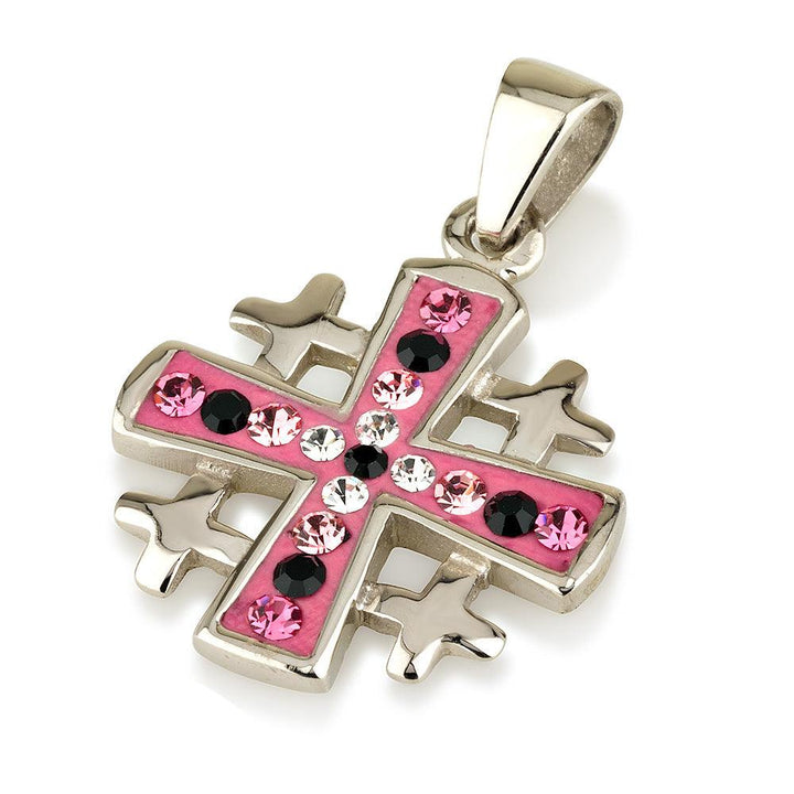 Jerusalem Cross Pendant Sterling Silver 925 With Pink Gemstone. - Spring Nahal