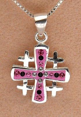 Jerusalem Cross Pendant Sterling Silver 925 With Pink Gemstone. - Spring Nahal