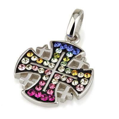Jerusalem Cross Pendant With Swarovski Colors Gemstone Silver 925 - Spring Nahal