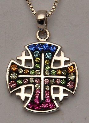 Jerusalem Cross Pendant With Swarovski Colors Gemstone Silver 925 - Spring Nahal
