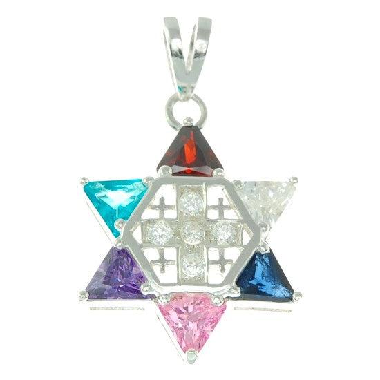 Jerusalem cross Silver 925 Pendant With Magen David & Colored Stones - Spring Nahal
