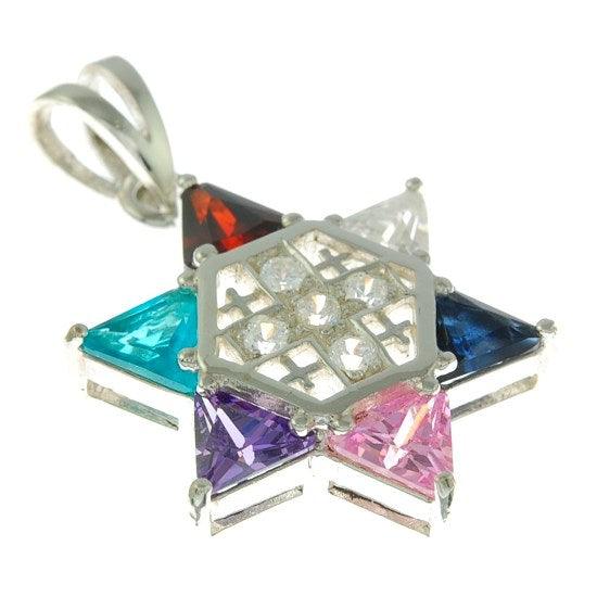 Jerusalem cross Silver 925 Pendant With Magen David & Colored Stones - Spring Nahal